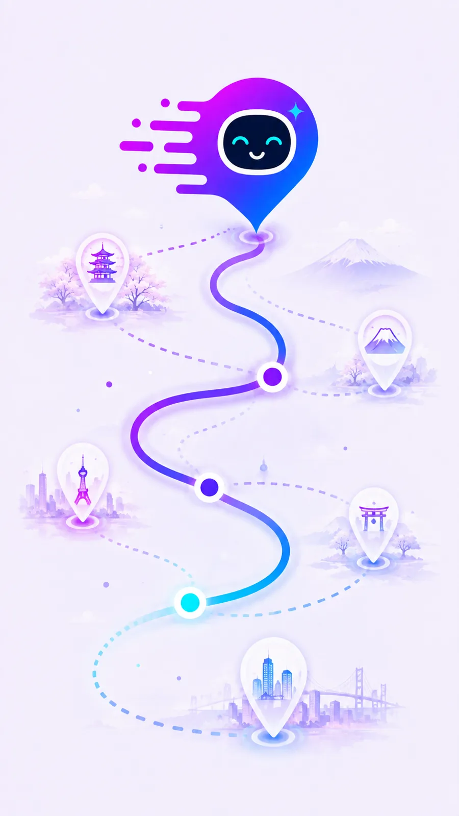 Illustrated island landscape with three connected stops